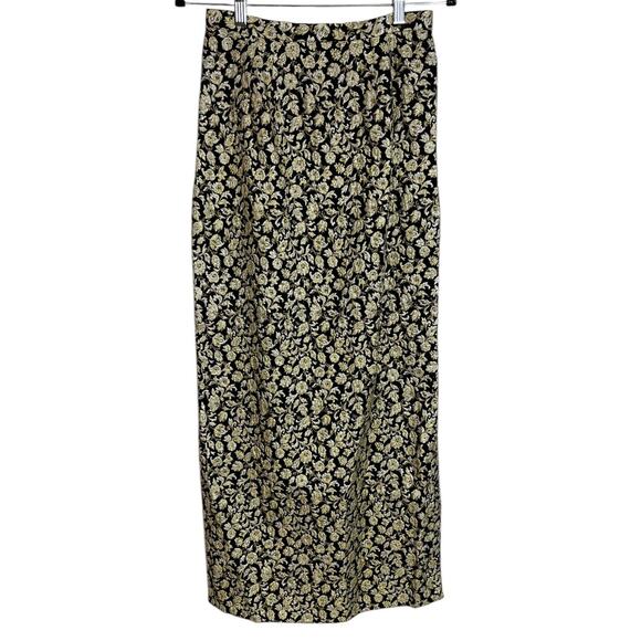 Vintage 50s 60s Black Gold Floral Brocade Long Maxi Skirt Cocktail Formal Party - Picture 3 of 4